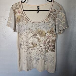 Vanilla Sugar Women's Medium Beige Grey Short Sleeve Shirt Y2K Top Rhinestone